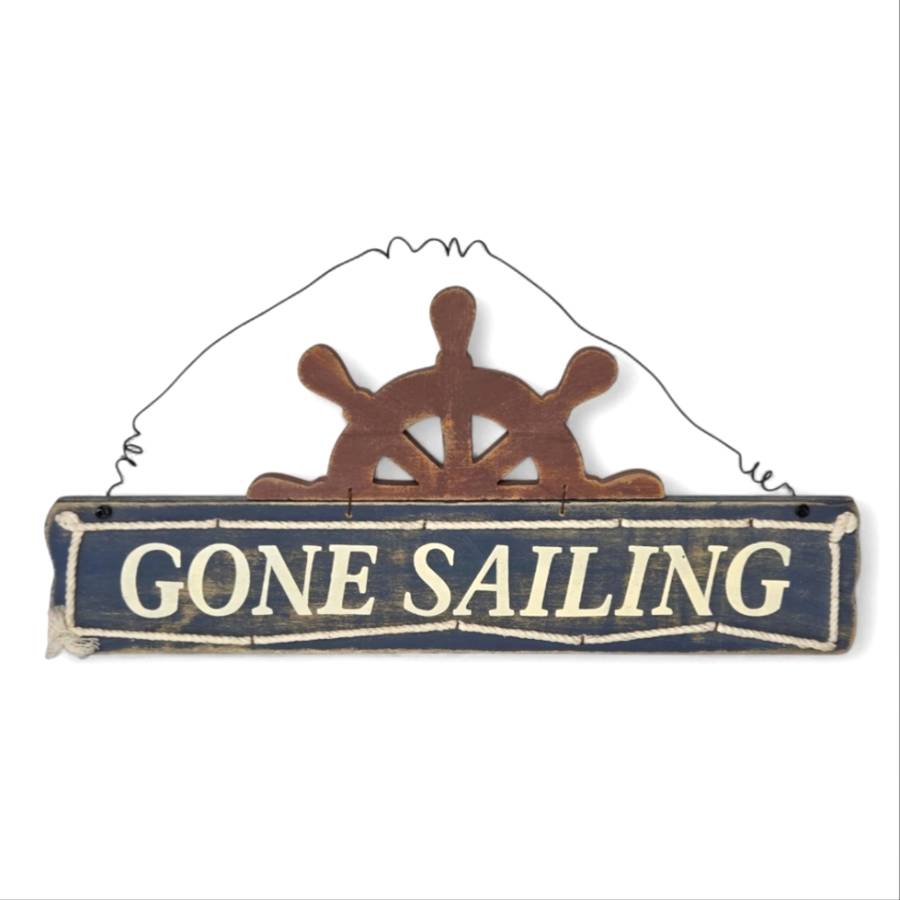 Rustic Blue Nautical Gone Sailing Wall Hanging‎ Decor Ship Wheel